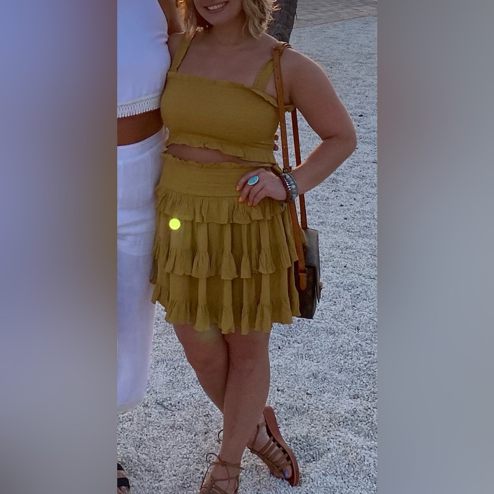 FREE PEOPLE Tiered Ruffle Mini Skirt SET - Mustard Yellow